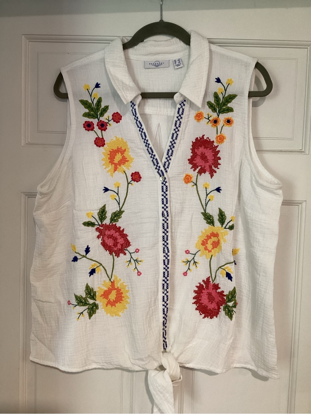 Susan Graver White Sleeveless Embroidered Tie-Front Camisole